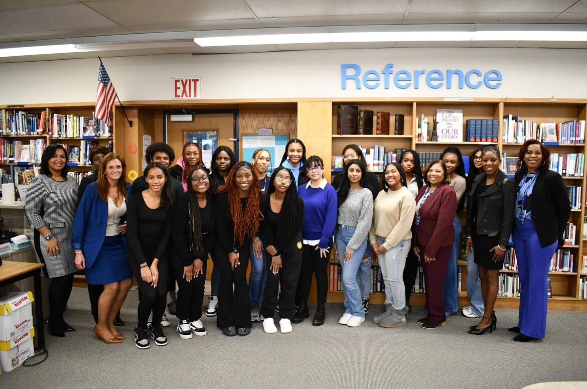 The large group of Uniondale and Malverne students, alongside Nassau County Legislator Siela Bynoe and school faculty who helped run the event.