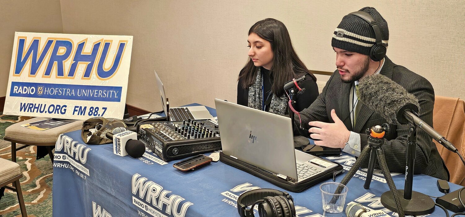 Valley Stream resident and Hofstra journalism student Fatima Moien, left, traveled with fellow radio journalists to cover the New Hampshire primary alongside reporters from across the country.
