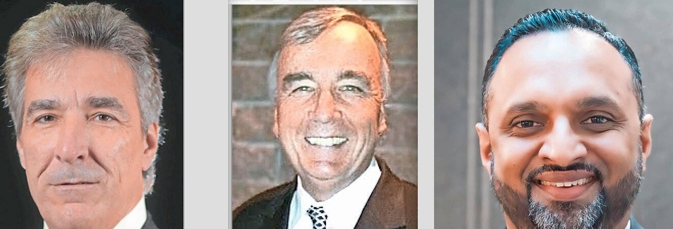 Anthony Bonelli, left, George Foley and Cecil Mathew are running against each other to replace Vincent Caposio on Valley Stream District 13’s Board of Education.