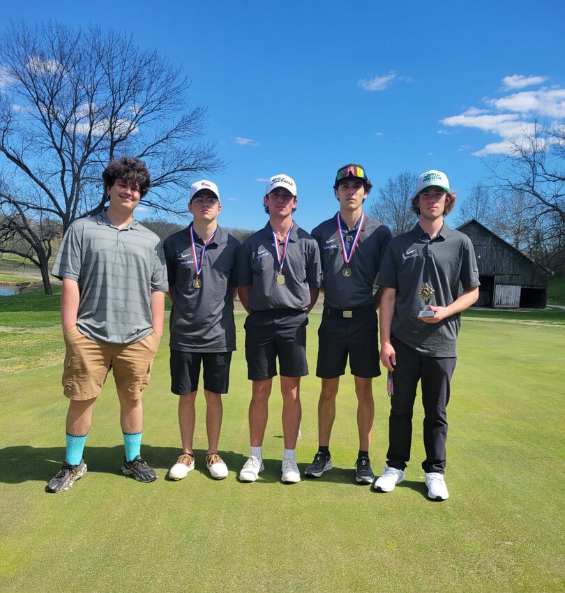 L-R JV Golf team stands proud after winning the Clever Hidden Valley tournament on April 11, including three team members winning the top three individual medals.   Contributed Photo by Logan-Rogersville Golf