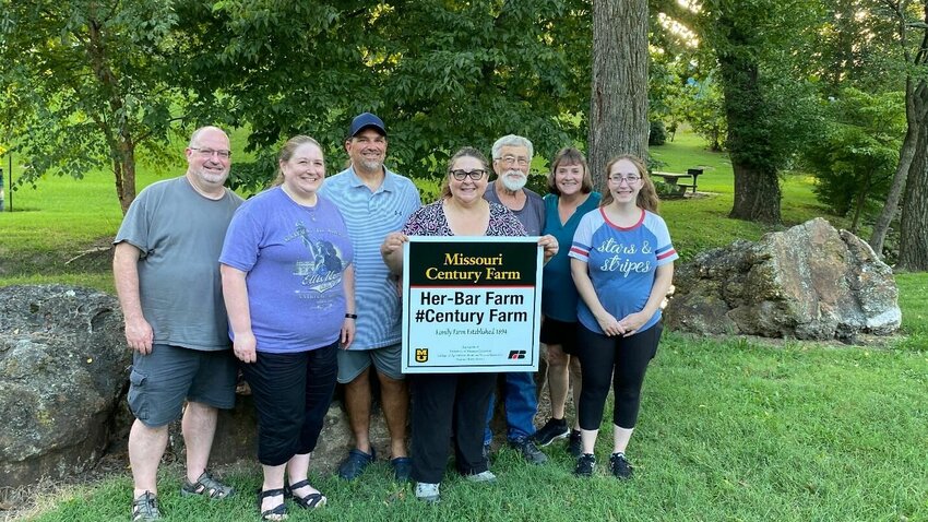 Left to Right are Matt Nestor, Angie Herman-Nestor, Robert Barry, Lori Herman-Barry, Larry Herman, Edie Herman, and Brianna Coyle-Bray of Her-Bar Farm from Marshfield was recognized by The Webster County University of Missouri Extension in the 2023 Missouri Century Farms program at a ceremony held on Aug. 24.   Contributed Photos