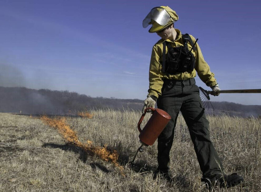 Stasia Whitaker leads a prescribed burn on a patch burn graze unit at Wahkontah Prairie for Science Lab.&nbsp;People can learn about how prescribed fire can be used as a land-management tool at a Jan. 6 MDC workshop at the Wilbur Allen Memorial&nbsp;Conservation&nbsp;Area in Wright County.