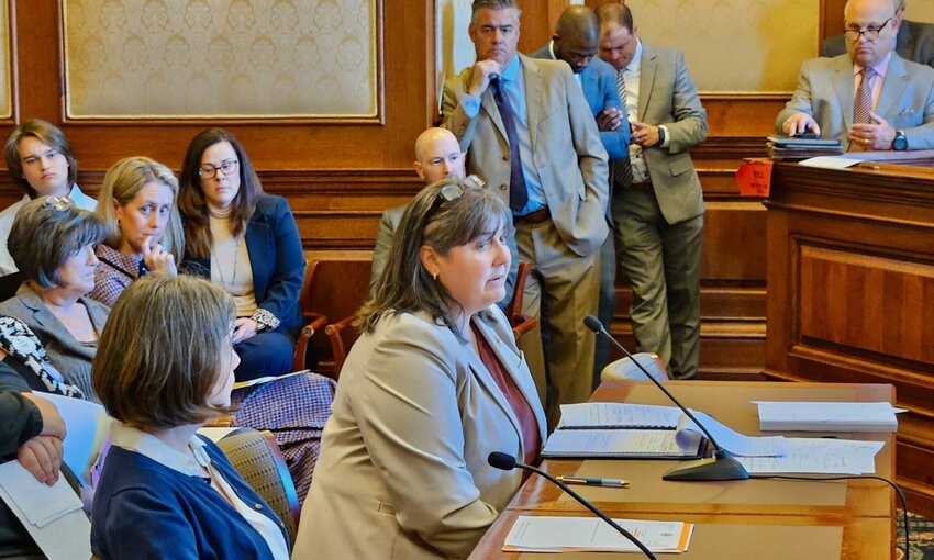 Natalie McNish, mayor of Marshfield, speaks against a bill that would remove state and local sales taxes from grocery purchases   Photo By Rudi Keller/Missouri Independent