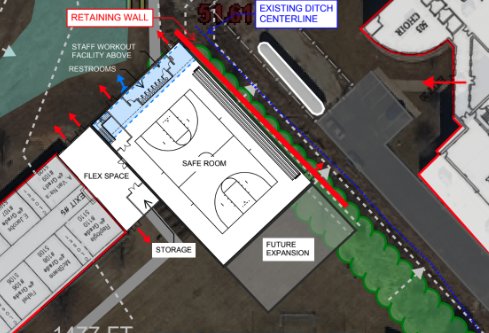The pictured diagram shows where the school’s new safe room would be located on the east campus between Shook Elementary and Marshfield High School.


 


Contributed photos