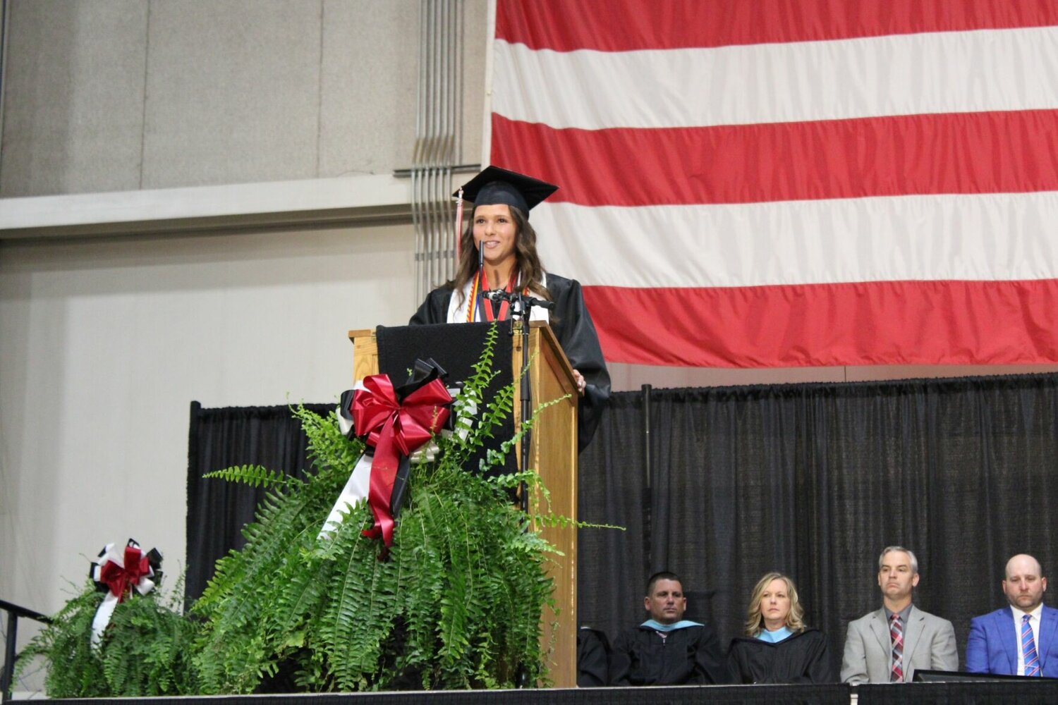 Salutatorian Gracie Vestal addresses the crowd at the Laclede County R-I graduation Saturday, May 20.