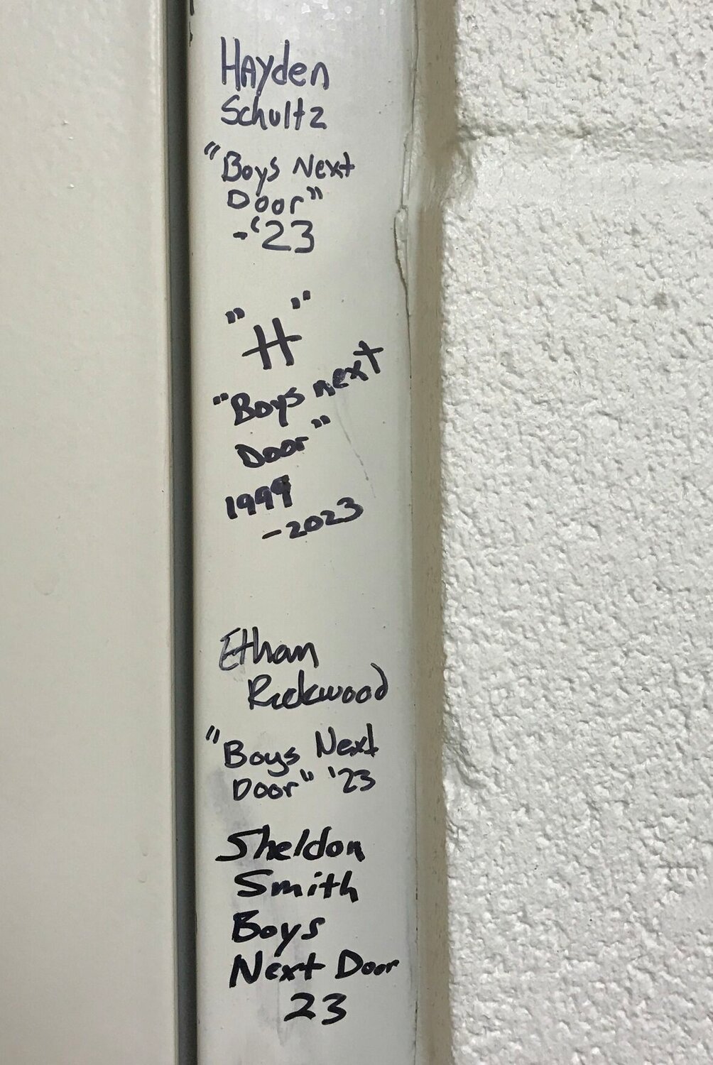 During H's time as the drama teacher, he has directed 41 plays and musicals. One tradition that started in 2014 was the performing students started signing the door jam during their senior year. So after the production of 'The Boys Next Door,' another signature was added this year: "The students told me that since it was my senior year I had better sign my name," recalled H.


Contributed Photo by Greg Holtschneider
