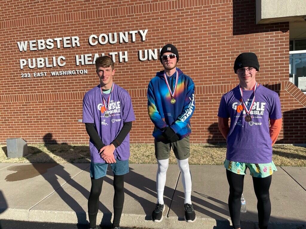 Winners of the 13th Annual Gobble Wobble fun run pose with their medals after completing the race. Pictured left to right: Samson Stalker (second place), Zach Mitchell (first place) and Cole Brown (third place), all of Marshfield.


Contributed Photo