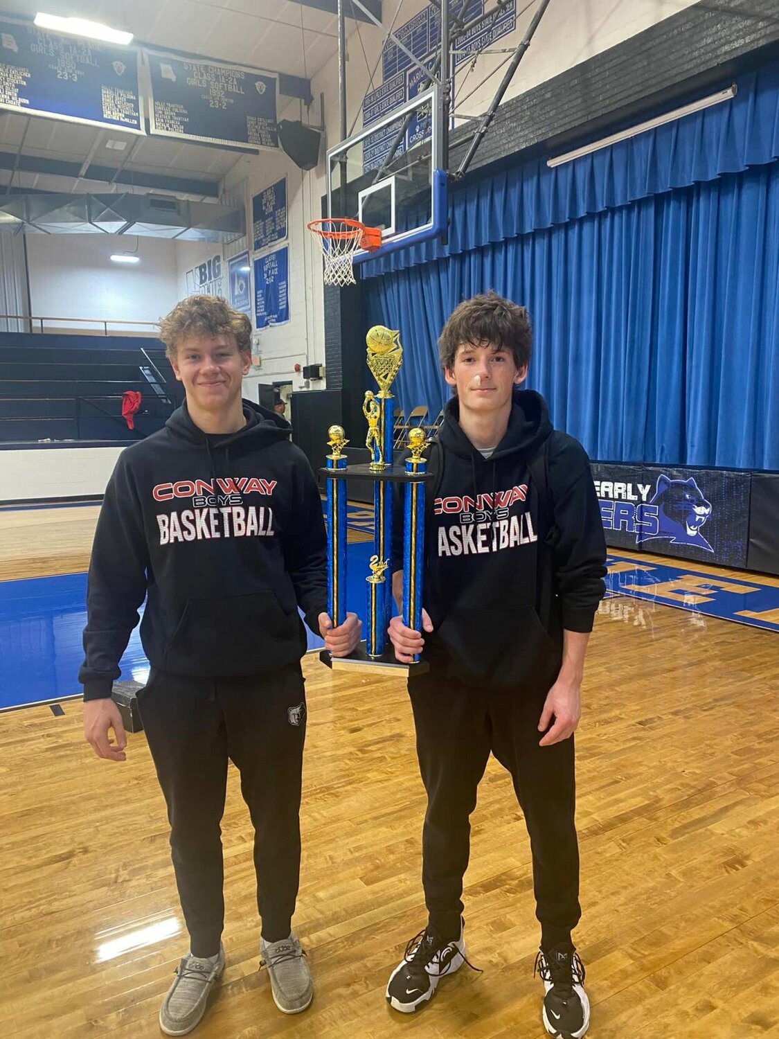 Seniors Brady Rogers and Issac Freeman of Conway hold their second-place trophy after making it all the way to the championship game at the seventh seeded team in the Morrisville Tournament. 


Contributed photo by Elisha Hill 