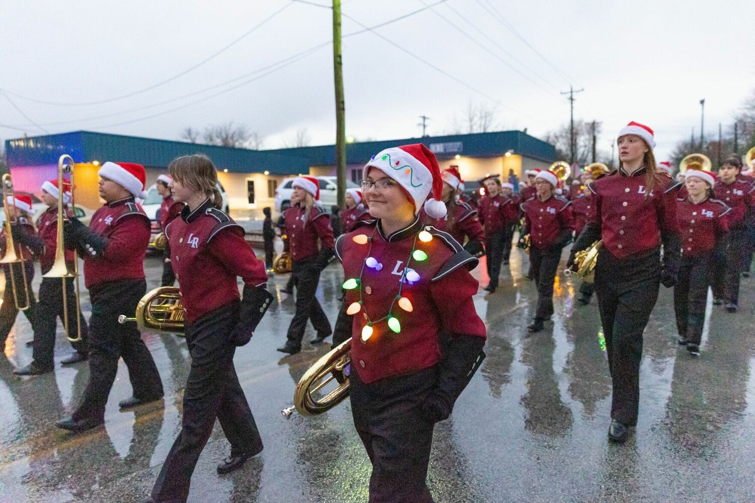 Pictured marching in the Rogersville Christmas Parade is the 2023 Class 4A Champion Band for the State of Missouri, the Logan-Rogersville High School Wildcat Band. Later that evening, they gifted the crowd with a live performance at the Tree-Lighting ceremony.