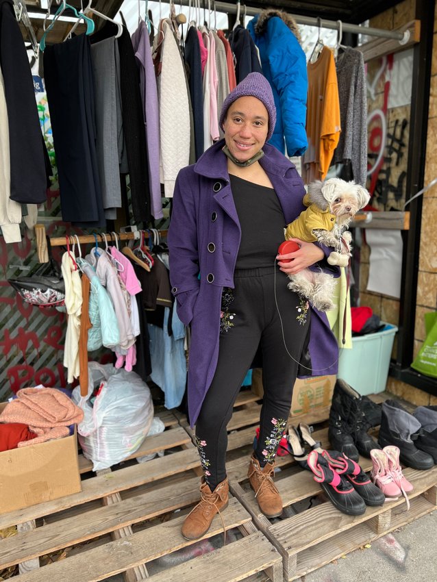 Jennie Leenay, GFS community member and caretaker of The People&rsquo;s Closet, with their pup Joyonc&eacute;. It's important to Leenay that fashion reaches everyday people, and that people feel connected to themselves and their community. (Photo by Jill Boogren)