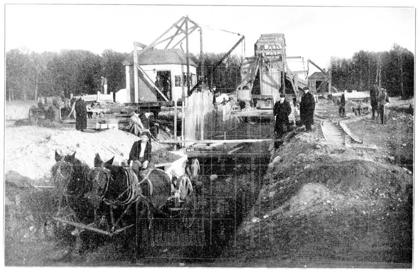 Extending the 38th Street sewer main, near the Mississippi River, 1909. (from the Annual Report of the Minneapolis City Engineer, 1910)