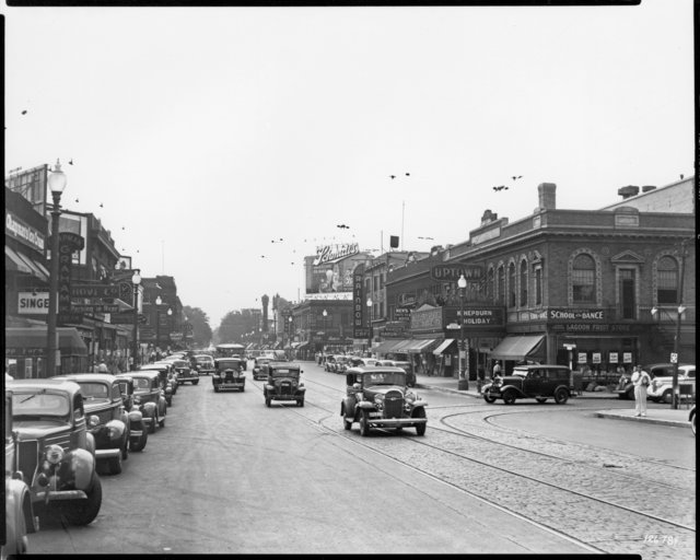 Corner of Lagoon and Hennepin, looking south, in 1938. (Minnesota Historical Society)
