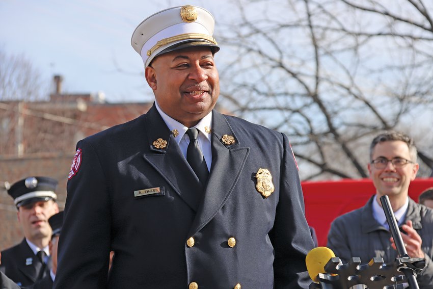 Minneapolis' second Black fire chief, Bryan Tyner, speaks at the renaming ceremony in Longfellow on March 17. &quot;I'm just so happy to see this day finally here,&quot; said Tyner.  (Photo by Tesha M. Christensen)