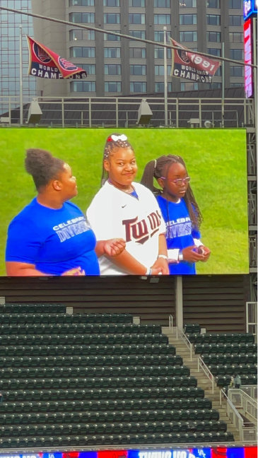 Winners of the PPGJLI writing competition, Nah&rsquo;Lyiah Davis, Abigail Mutua, and Aniyah Stewart, threw the first pitch at a Twins&rsquo; game that also recognized the 75th anniversary of Jackie Robinson&rsquo;s debut playing baseball. (Photo submitted)