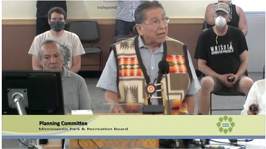 Dr. Chis Mato Nunpa speaks at the Aug. 3 Minneapolis Parks and Recreation Board meeting about Bde Psin/Lake Hiawatha. (Screenshot from MPRB meeting via YouTube)