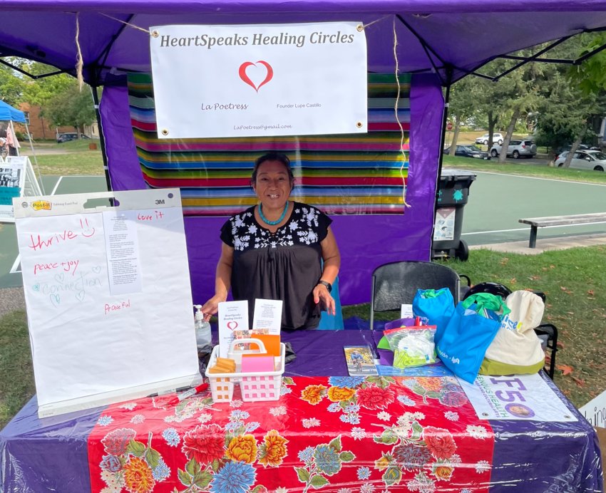 Lupe Castillo, the co-founder of HeartSpeaks Healing Circles and Palabristas, shared her words of wisdom at a Lowry Hill East Neighborhood Association&rsquo;s Twin Cities Community Pop-Up Market at Mueller Park this summer.