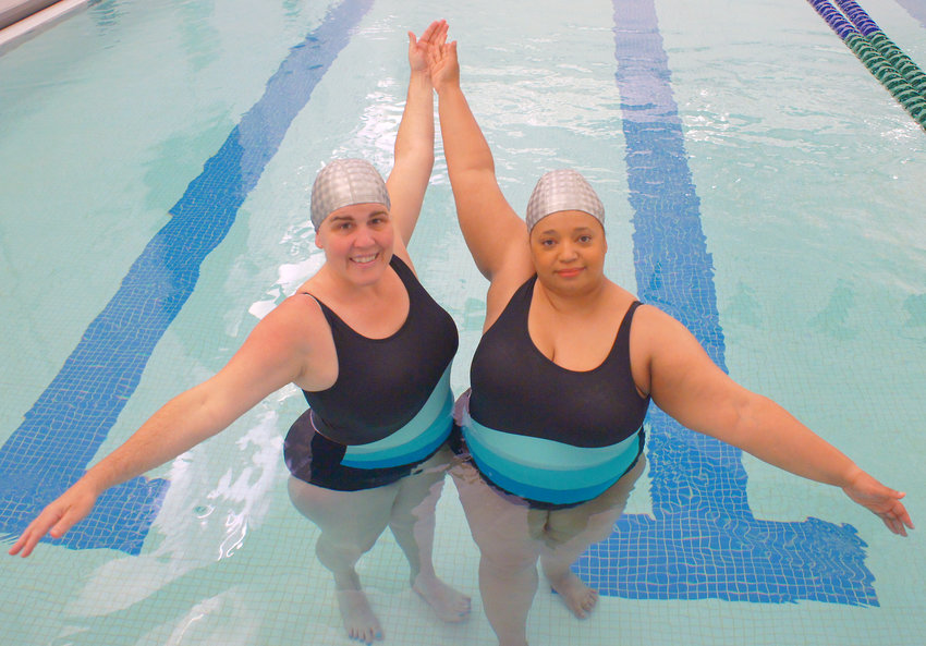 Suzy Messerole (left)  and Tana Hargest of the Subversive Sirens practice at the Phillips Aquatic Center. “We do a lot more than just spread joy,” Messerole stated. “Community is a very big part of our strategy.” The group practices on Saturdays. (Photo by Terry Faust)