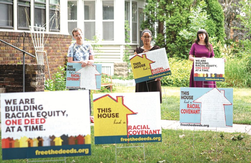 Artists (left to right) Diver Van Avery, Mir&eacute; Regulus, and Lacey Prpic Hedkte have created a system where money raised from the sale of lawn signs goes towards the African American Community Land Trust, putting money into the hands of those who were hurt by racial covenants.