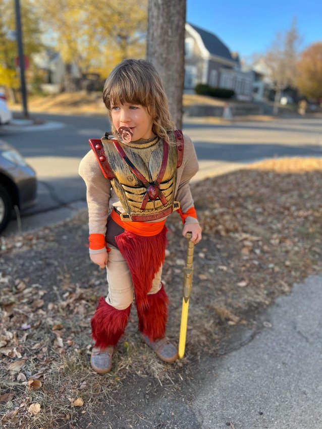 Heather Fisch&rsquo;s son wears the He-Man Halloween costume that was created with items obtained from her Buy Nothing group. (Photo submitted)
