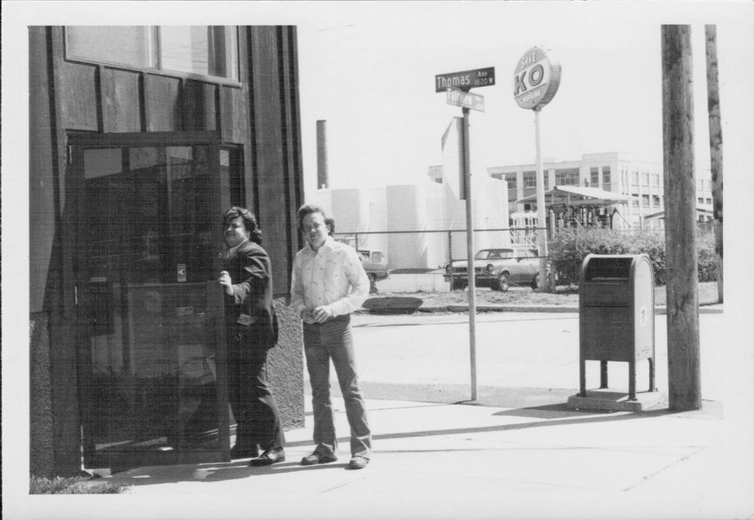 Cal deRuyter and Tim Nelson began and ended their careers in neighborhood journalism. In 1977, their office was at Thomas and Fairview in St. Paul. (Photo submitted)