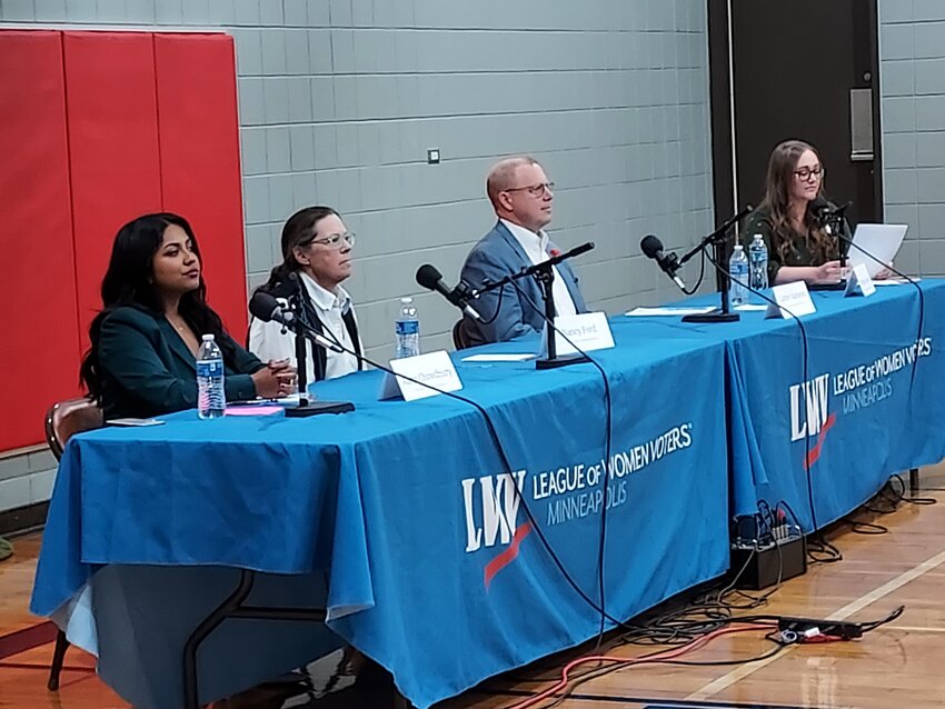 Whitney Larson (right) moderates the discussion between (left to right) Ward 12 candidates Aurin Chowdhury, Nancy Ford and Luther Ranheim. The forum on Sept. 12 was sponsored by the League of Women Voters - Minneapolis. View it online at lwvmpls.org/for-voters/.
