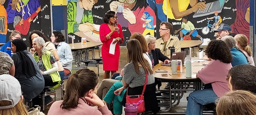 Minneapolis Public School Superintendent Dr. Lisa Sayles-Adams gathers feedback at the Sanford Middle School listening session on May 9.