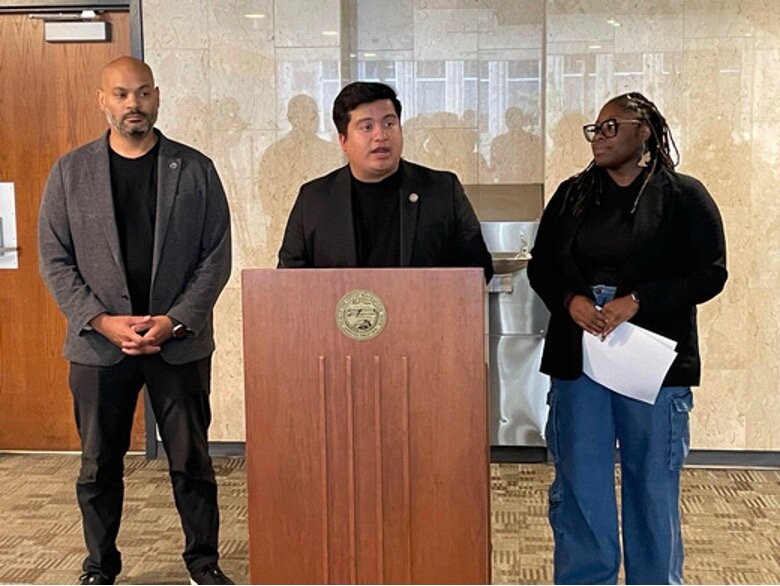 Left to right: Ward 1 Council Member and Council President Elliot Payne, Ward 9 Council Member Jason Chavez and Ward 2 Council Member Robin Wonsley are pushing for the adoption of the Safety Beyond Policing plan. (Photo submitted)