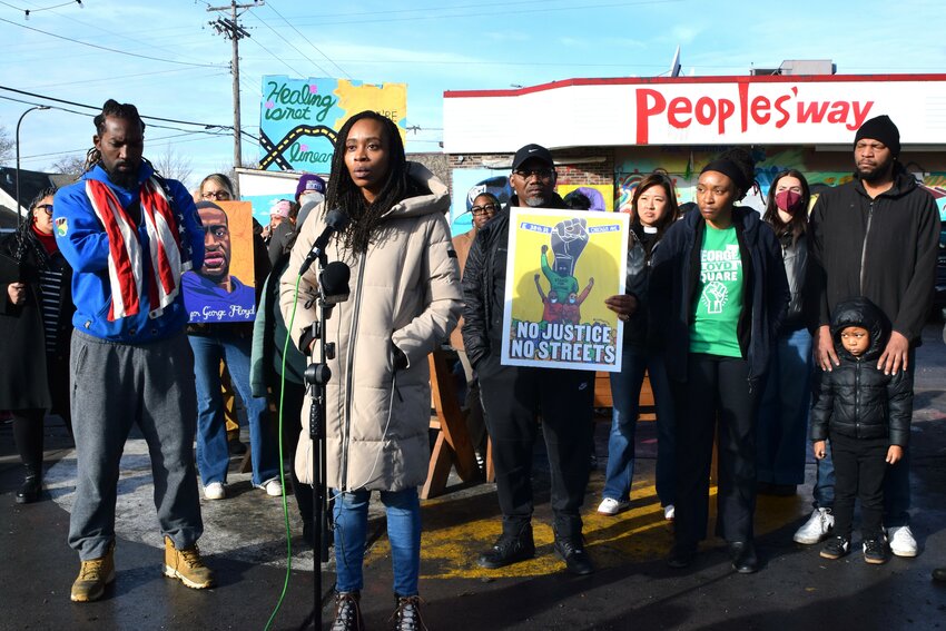 Mileesha Smith speaks at Peoples' Way in George Floyd Square on Feb. 26, 2025. (Photo by Jill Boogren)