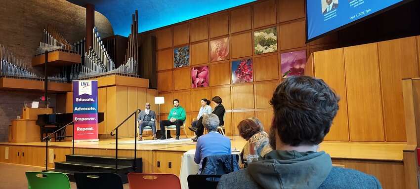 Todd Barnette, Jordan Nelson,  Candace Hanson, and Jane Lansing of the League of Woman Voters Public Safety Committee speak during the  League of Woman Voters Forum on April 1, 2025. (Photo by Gabe Gordon)