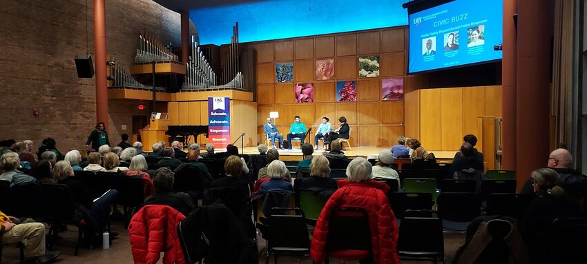 Todd Barnette, Jordan Nelson,  Candace Hanson, and Jane Lansing of the League of Woman Voters Public Safety Committee speak during the  League of Women Voters Forum on April 1, 2025. (Photo by Gabe Gordon)