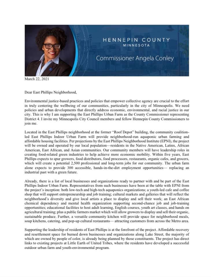 In mid March, Hennepin County Commissioner Angela Conley issued a two-page letter in support of the neighborhood's plan for an indoor urban farm, jobs and affordable housing.