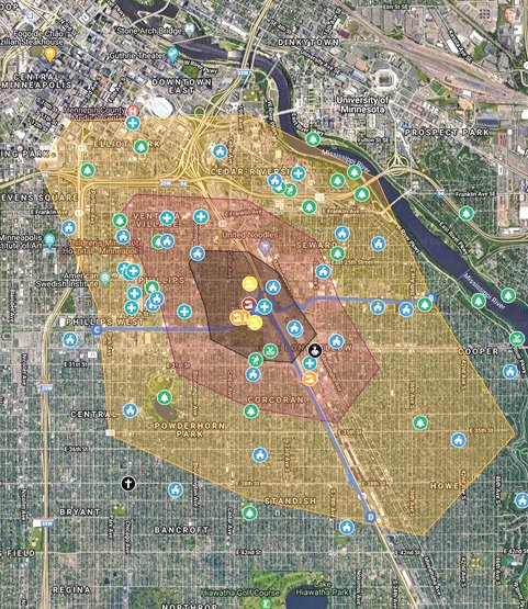 This map shows the affect that the pollution from the city's expanded public works site will have on south Minneapolis. The site is in the city's Green Zone and sits along the popular Midtown Greenway bike and walking path.