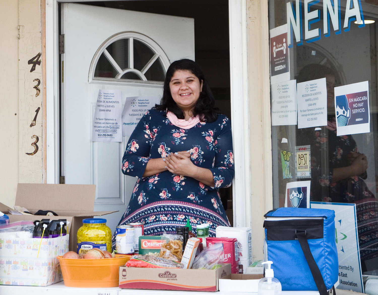 Karla Arredondo is NENA’s Community Organizer and oversees the food distribution, which takes place on Tuesdays and Thursdays from 10 a.m. to 4 p.m. Call or text 612.293.9683 to schedule an appointment at least 24 hours before you plan to come; both English and Spanish are spoken. (Photo by Margie O’Loughlin)