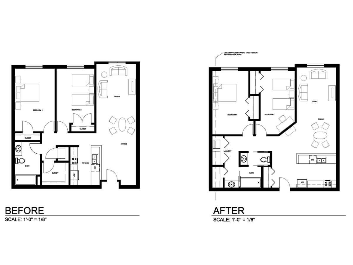 BEFORE AND AFTER -- 
“The “before” version is a two-bedroom affordable housing apartment (1,011 square feet) from one of Minneapolis’ largest affordable housing providers, Aeon’s Ripley Gardens. With two bedrooms, it can be inhabited by a maximum of four people, according to Minneapolis’ occupancy limits. 

The “after” scheme proposes a design solution that is more flexible and adaptable. Physical and social health are supported by the kitchen being moved to the right side of the unit for a more direct connection to the social area. A person cooking can easily supervise children doing homework or converse with family members and guests. That person can also have views to the outdoors, which makes cooking a more enjoyable task and eases stress. The kitchen can be closed or open and this option can be accomplished with a simple window on the wall that connects to the social area. If totally open, it can accommodate multiple cooks on the two counters. Flexibility continues with the dining area, which can easily be expanded for special celebrations and large gatherings. 

A similar approach is applied to the bathroom, which is now compartmentalized and an additional sink is placed in the corridor for multiple users. The privacy concerns in the bedrooms are subdued by the placement of closets used as a buffer. An angled wall forges a sense of entry and can be used to display cherished possessions, helping craft meaning and identity. From within the bedroom, the angled wall can be the setting of a desk, signifying the importance of education and grounding aspirations for the future.” - From The Right to Home, page 302