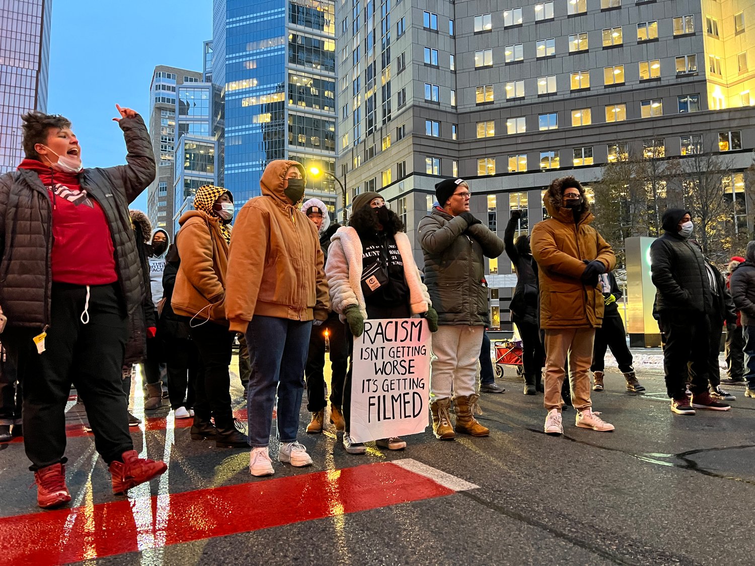 Demonstrators rally outside the Hennepin County Government Center and march through downtown streets calling for Justice for Daunte Wright, who was killed by former Brooklyn Center Police Officer Kim Potter in April 2021. (Photo by Jill Boogren)