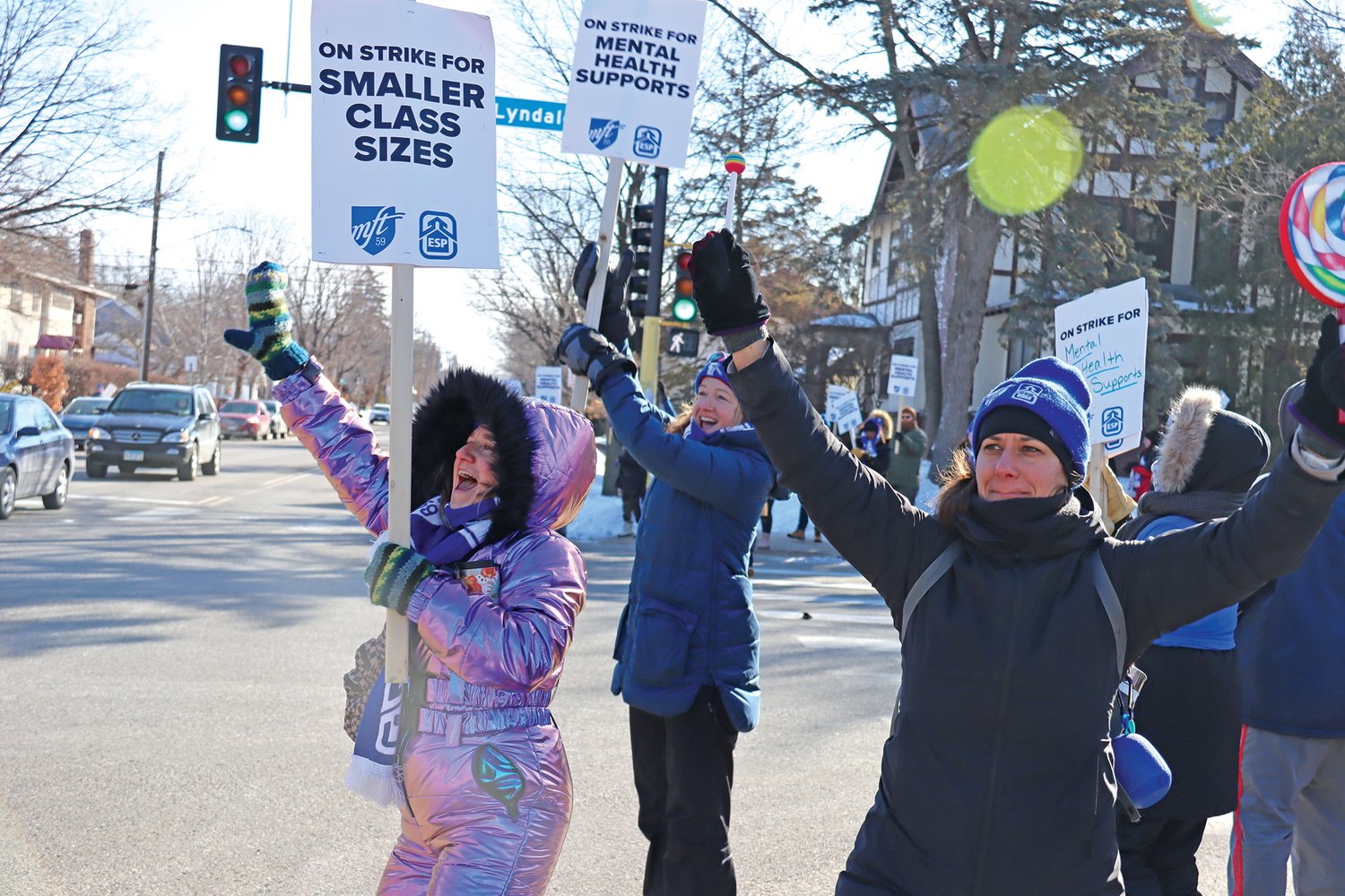 Crystal Spring (theater teacher at Washburn and South High), at left, and Melissa Favero (fourth grade teacher at Barton School) picket at Nicollet and 46th St. on March 11.  (Photo by Tesha M. Christensen)