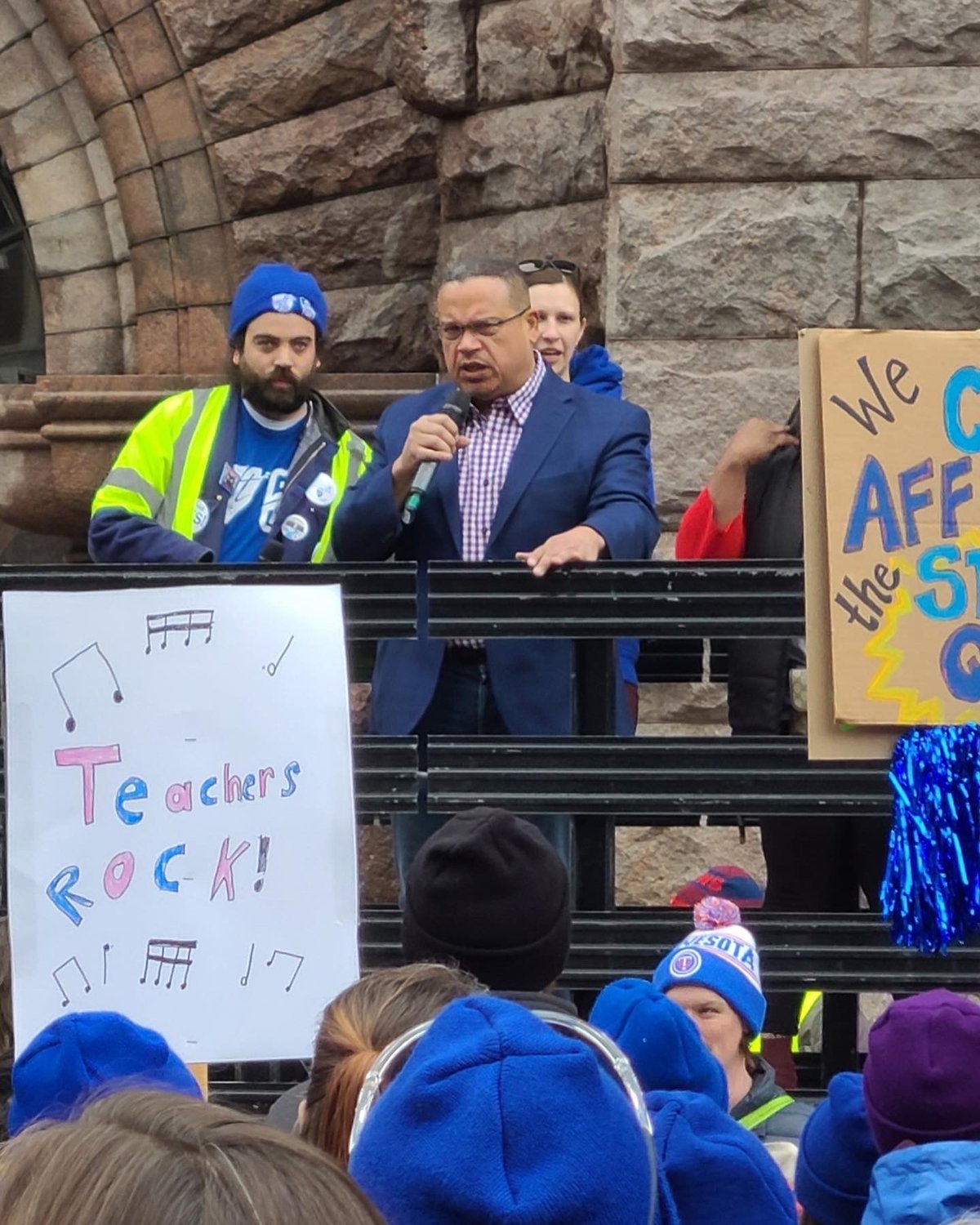 Minnesota Attorney General Keith Ellison speaks to educators rallying in front of Minneapolis City Hall.