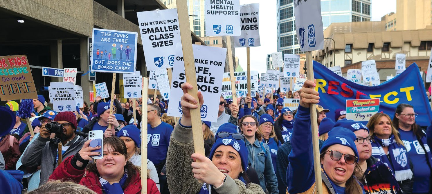 Educators rally in downtown Minneapolis on  March 16, 2022. They have also been at the Governor's Mansion and the Davis Center.