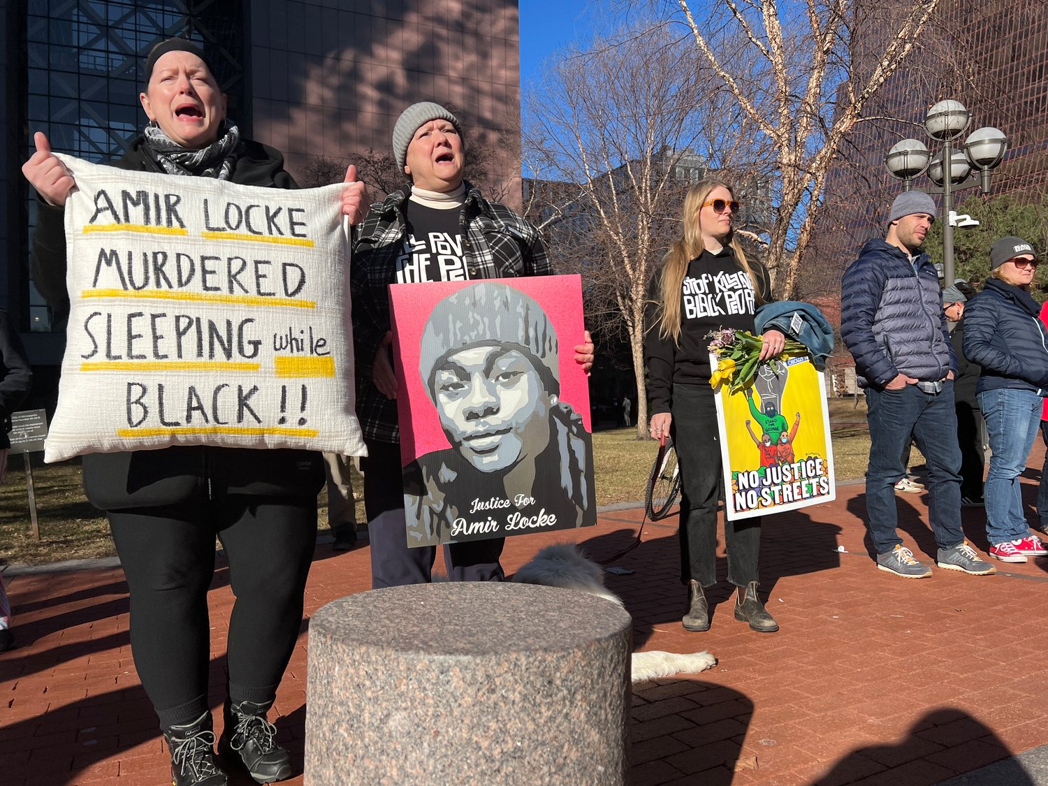Community members hold rally and march in downtown Minneapolis on April 8 to protest the decision not to press charges against Officer Mark Hanneman in the fatal shooting of Amir Locke and to show support for Locke’s family and other families who have lost loved ones at the hands of police. (Photo by Jill Boogren)