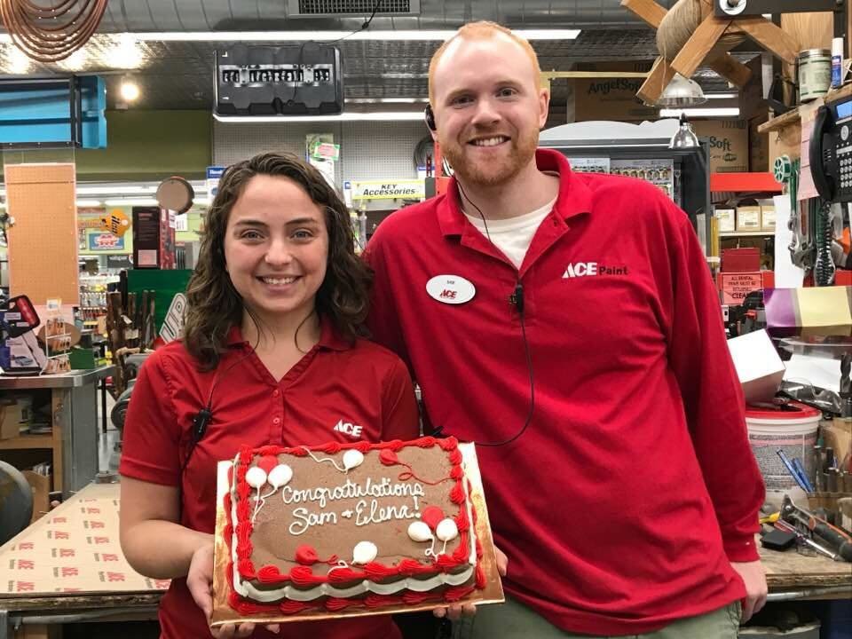 Elena Nelson and Sam Rosch celebrate in 2017 as they take over ownership of Nicollet Hardware. The duo purchased the store from Sam’s parents, Jolene Lind and Steve Rosch.
