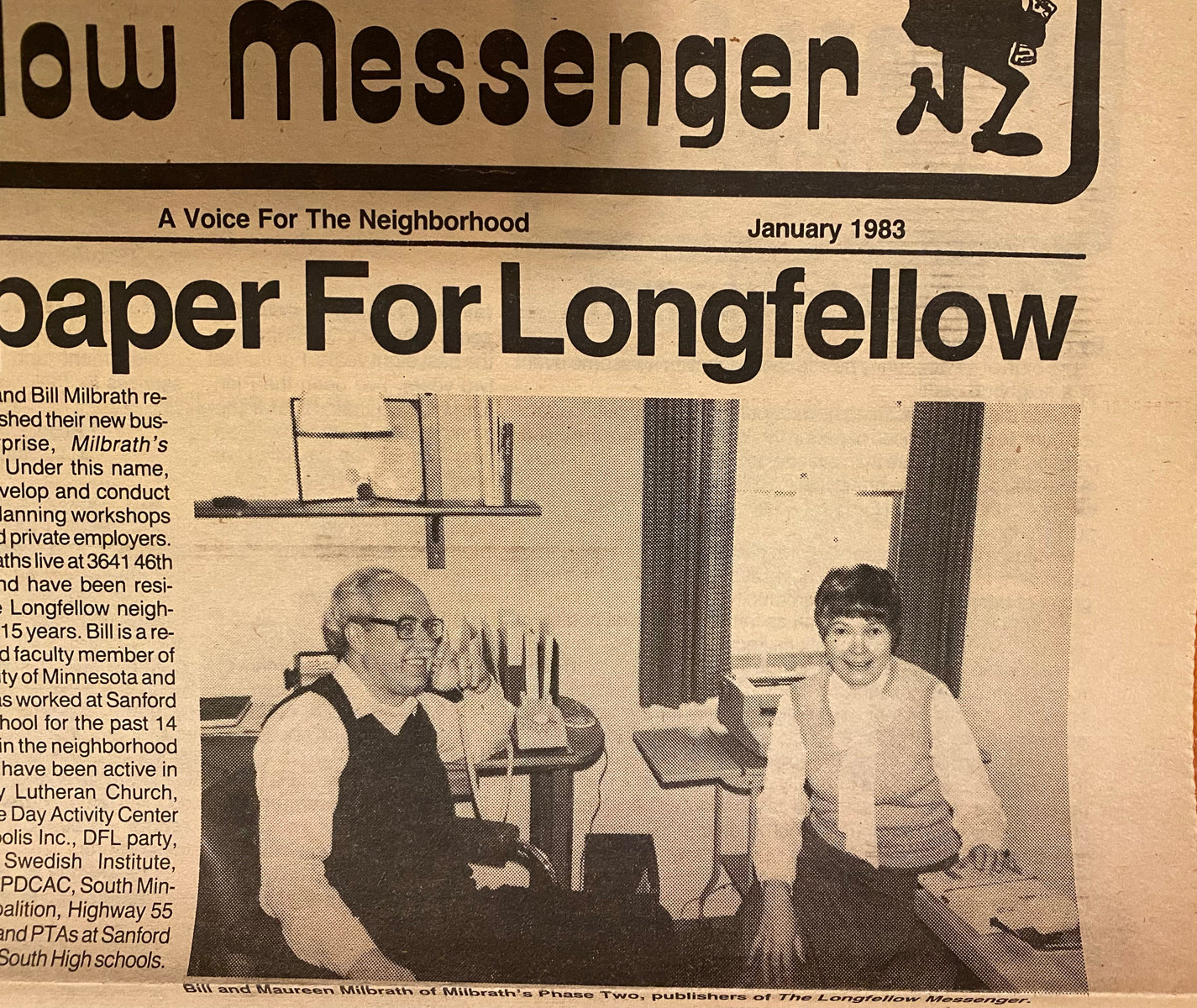 Bill and Maureen Milbrath of Milbrath's Phase Two, publishers of The Longfellow Messenger on page 1 of the preview edition in January 1983.