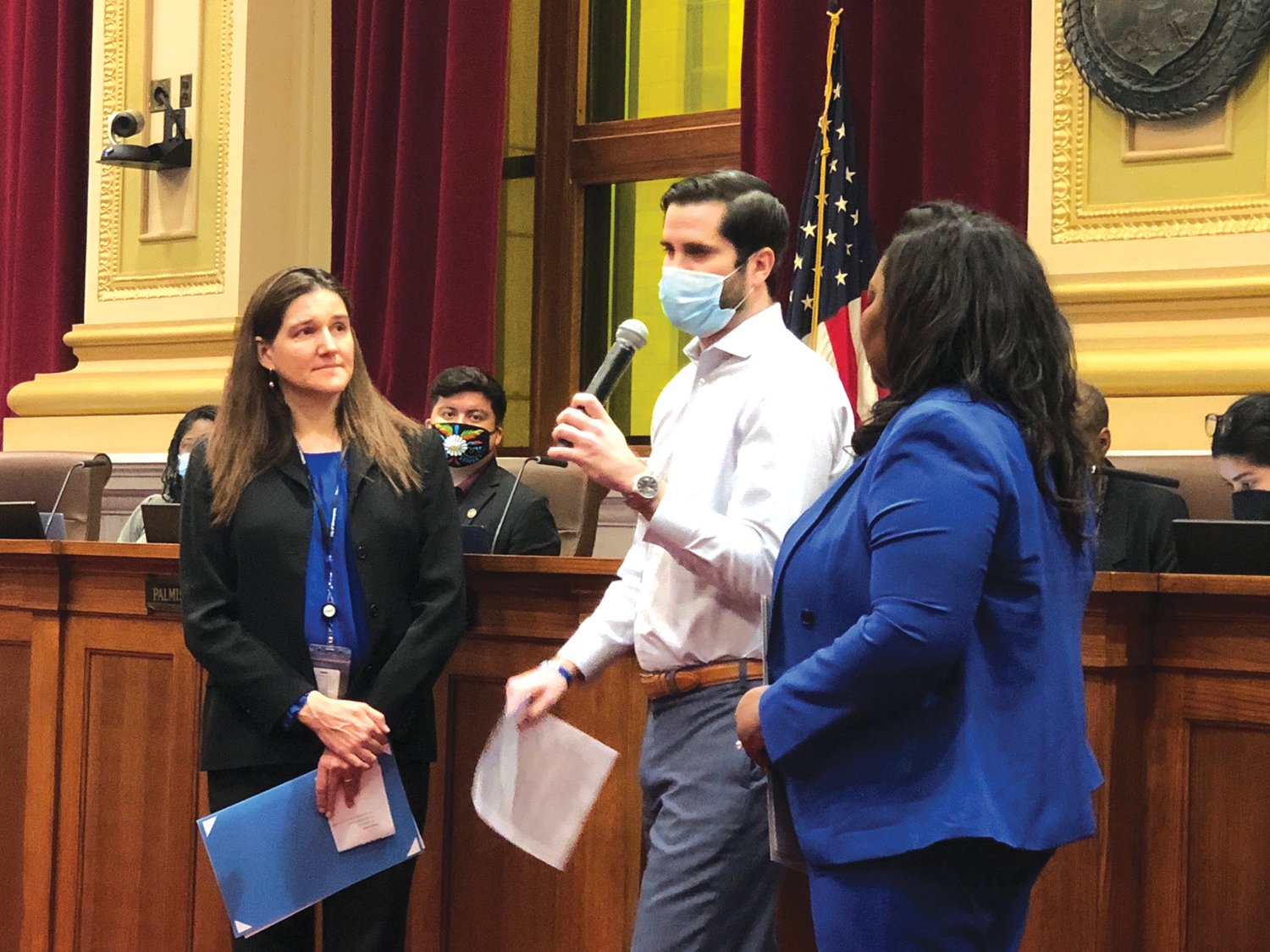 Ward 13 Council Member and Vice President Linea Palmisano (left), Billy Hanlon, and council member LaTrisha Vetaw present at the city council on May 12 regarding a resolution supporting Myalgic Encephalomyelitis/Chronic Fatigue Syndrome Awareness Day. (Photo submitted)