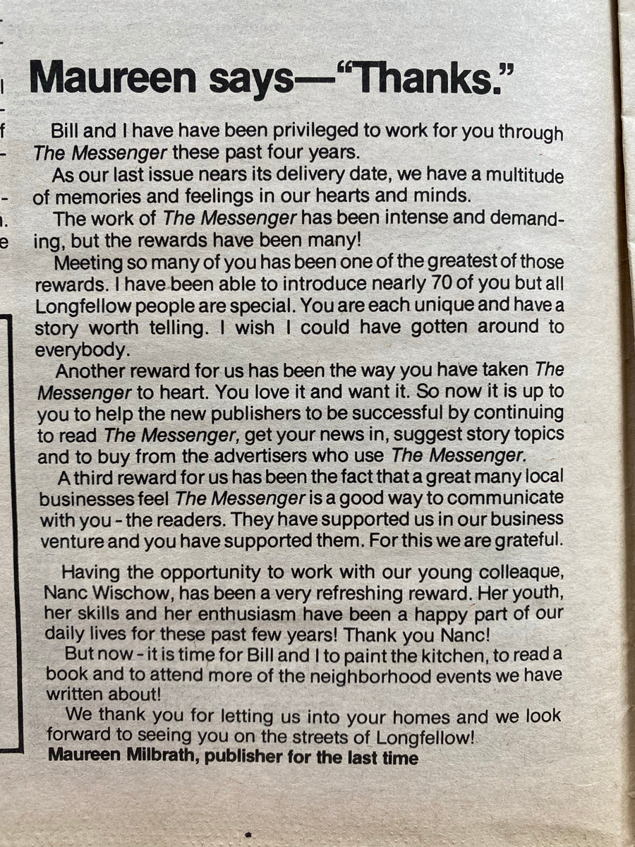 Maureen Milbrath bids farewell in the July 1986 Messenger.