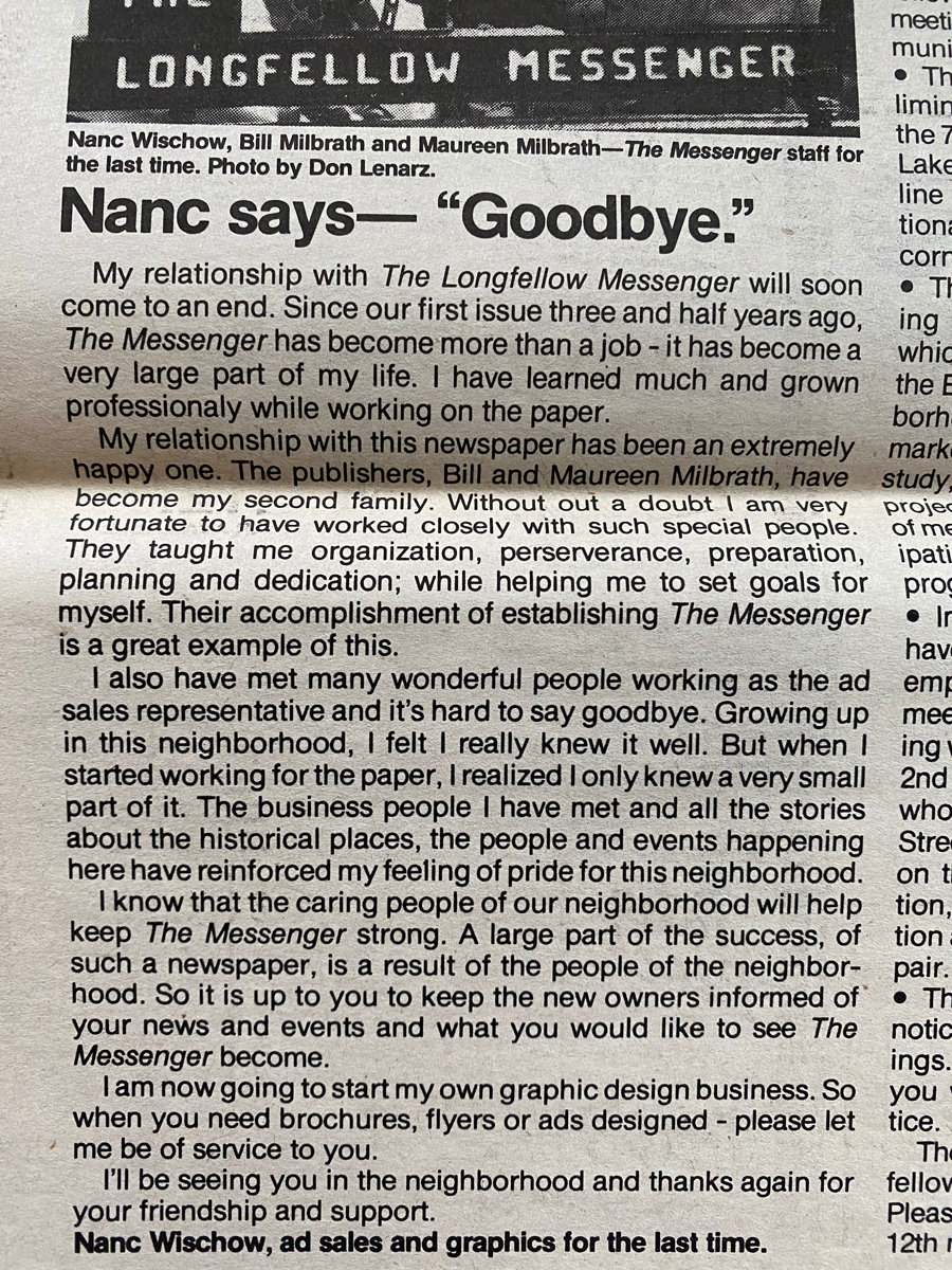 Nanc Wischow bids farewell in the July 1986 Messenger.