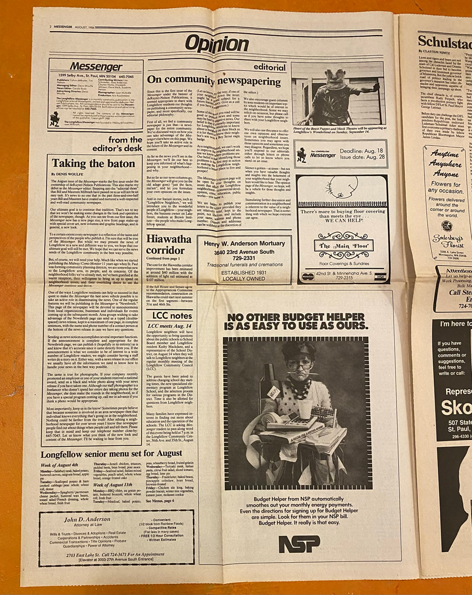 The editorial page in August 1986 after deRuyter Nelson Publications took over the Messenger from the Milbraths.
