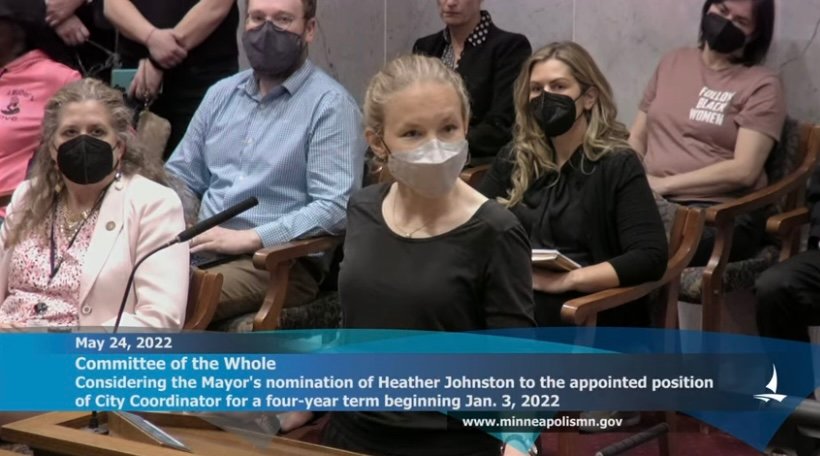 SWAE member Elliana Lippold-Johnson speaks at the community hearing for the consideration of Heather Johnston as city coordinator.  (Photo submitted)