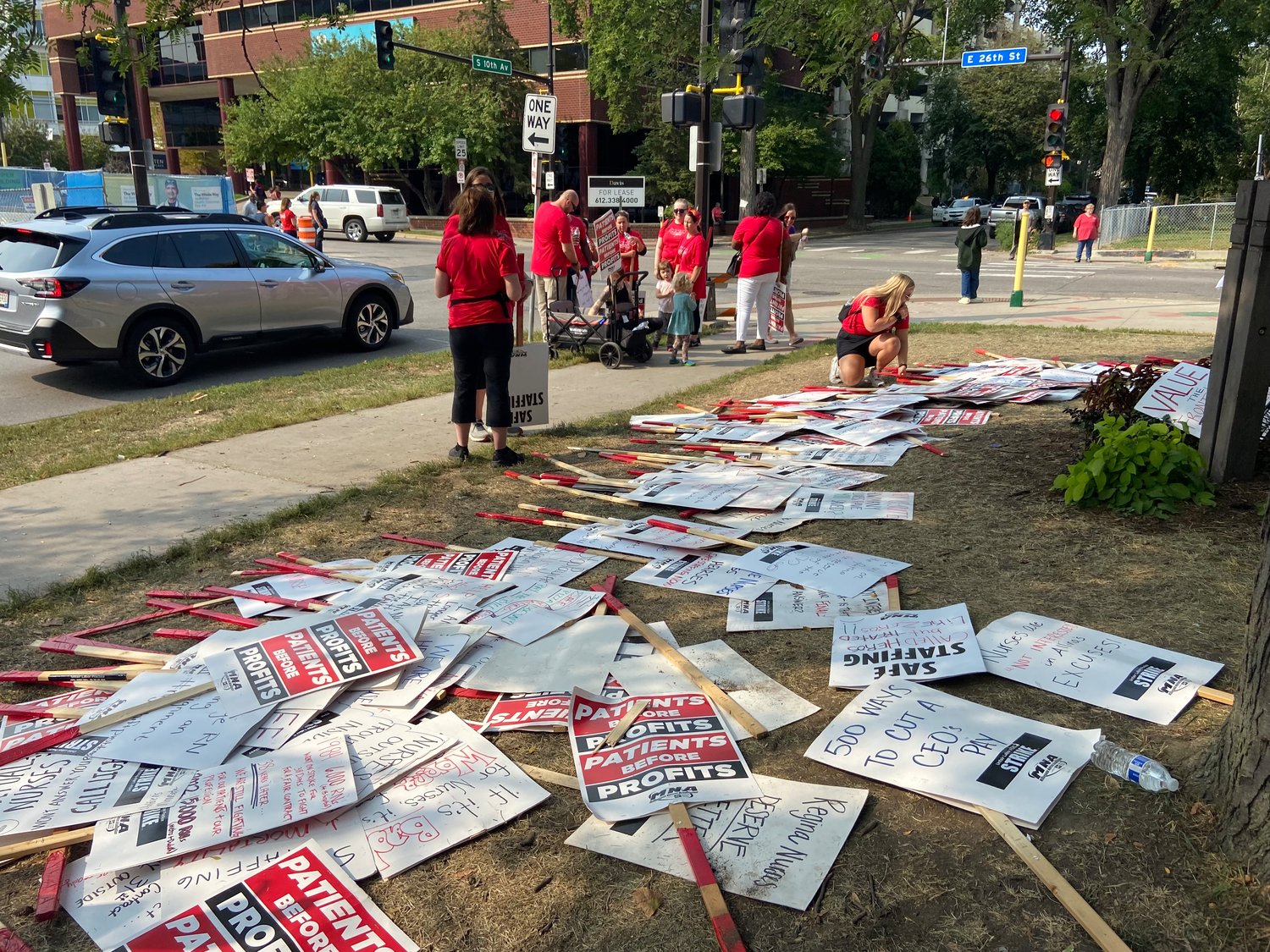 MNA nurses choose signs they will hold while walking the picket line at Children's Hospital Minnesota - Minneapolis, 2525 Chicago Ave.