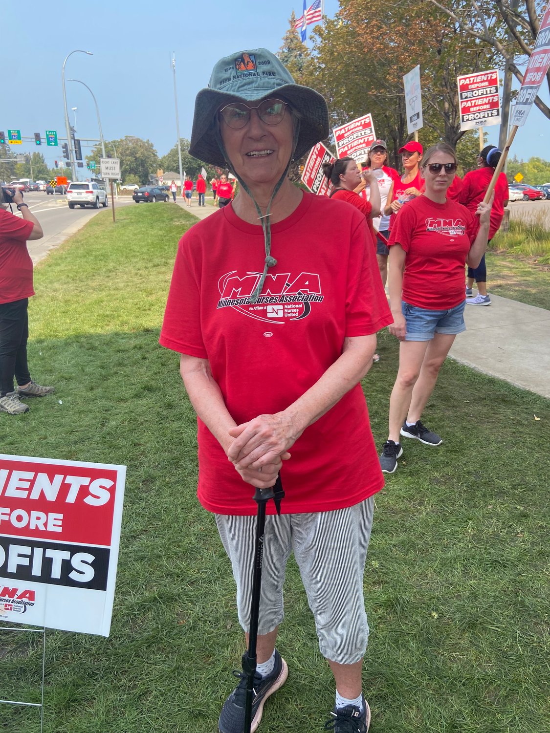Karen Sandberg, a retired nurse since 2004, came back to stand in front of M Health Fairview Hospital Southdale ,at 6401 France Ave S, Edina, on Sept. 14th, 2022 to strike with current nurses.