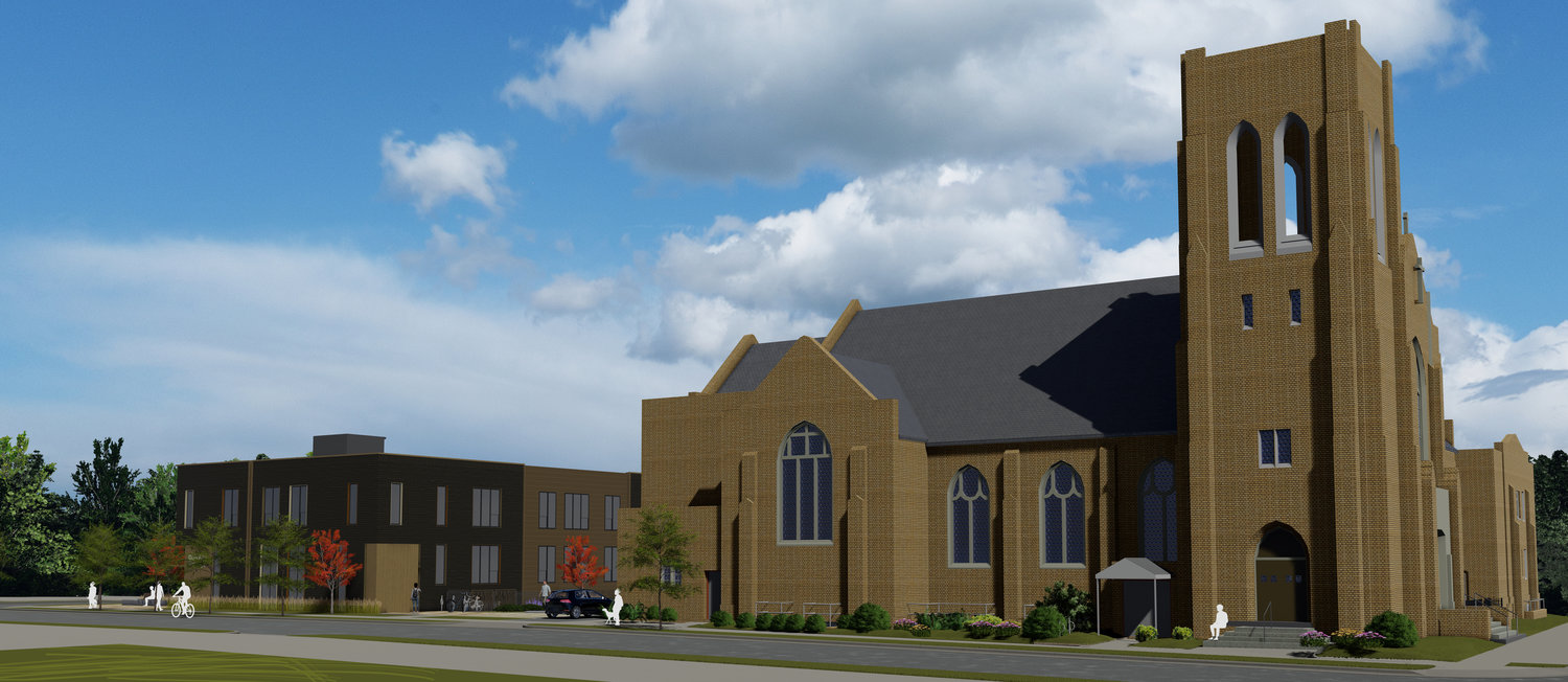 Calvary Lutheran Church at 39th St. and Chicago Ave. To its left is the apartment building that will be built in the parking lot. To the right, behind the church, is the education building that will be converted to apartment units. (Rendering by UrbanWorks Architecture)