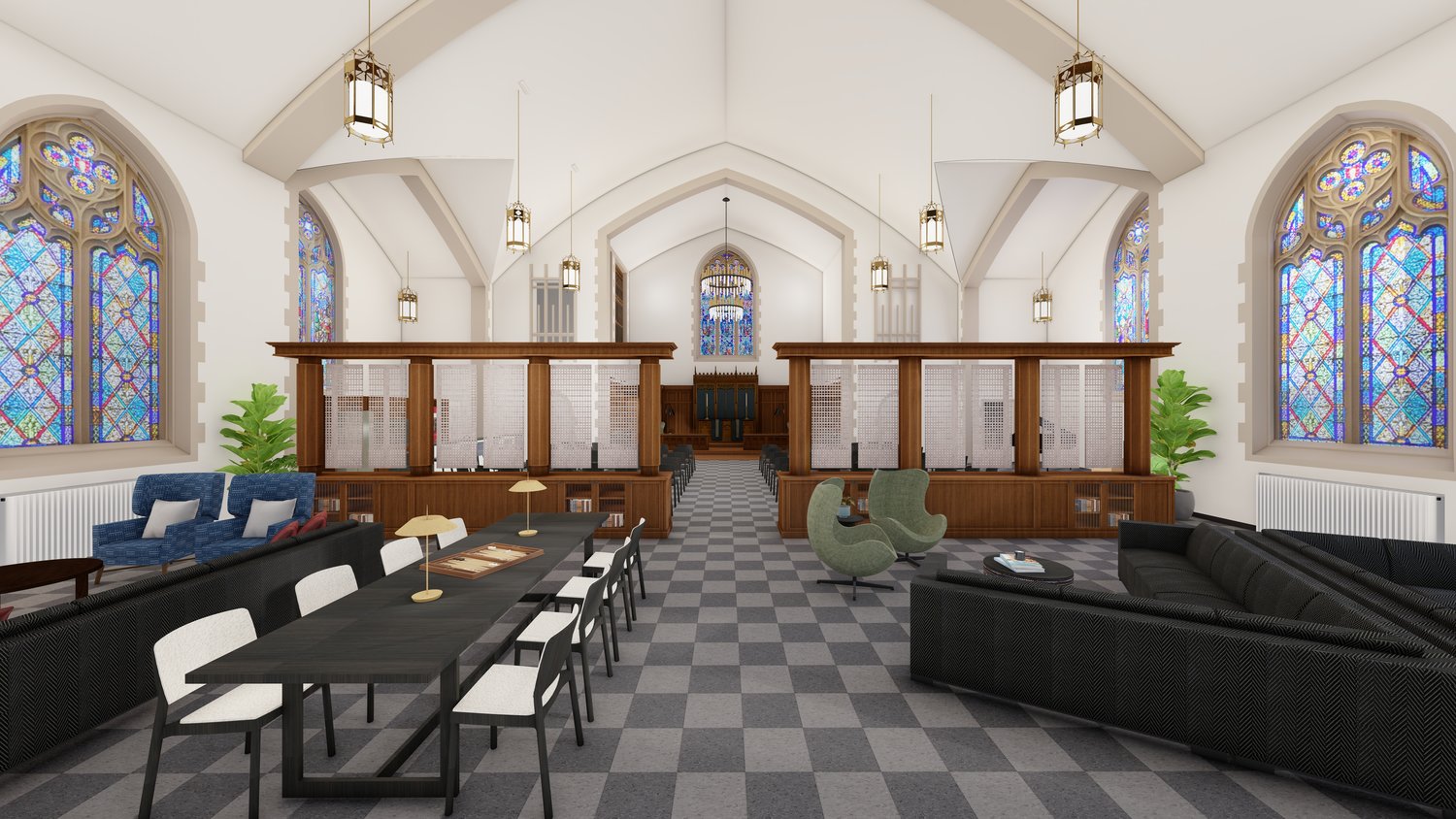 Inside Calvary Lutheran Church, the Sanctuary will be divided to make room for a community space. (Rendering by UrbanWorks Architecture)
